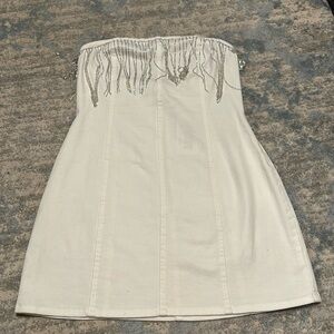 12th tribe Rylie white demin strapless fringe dress